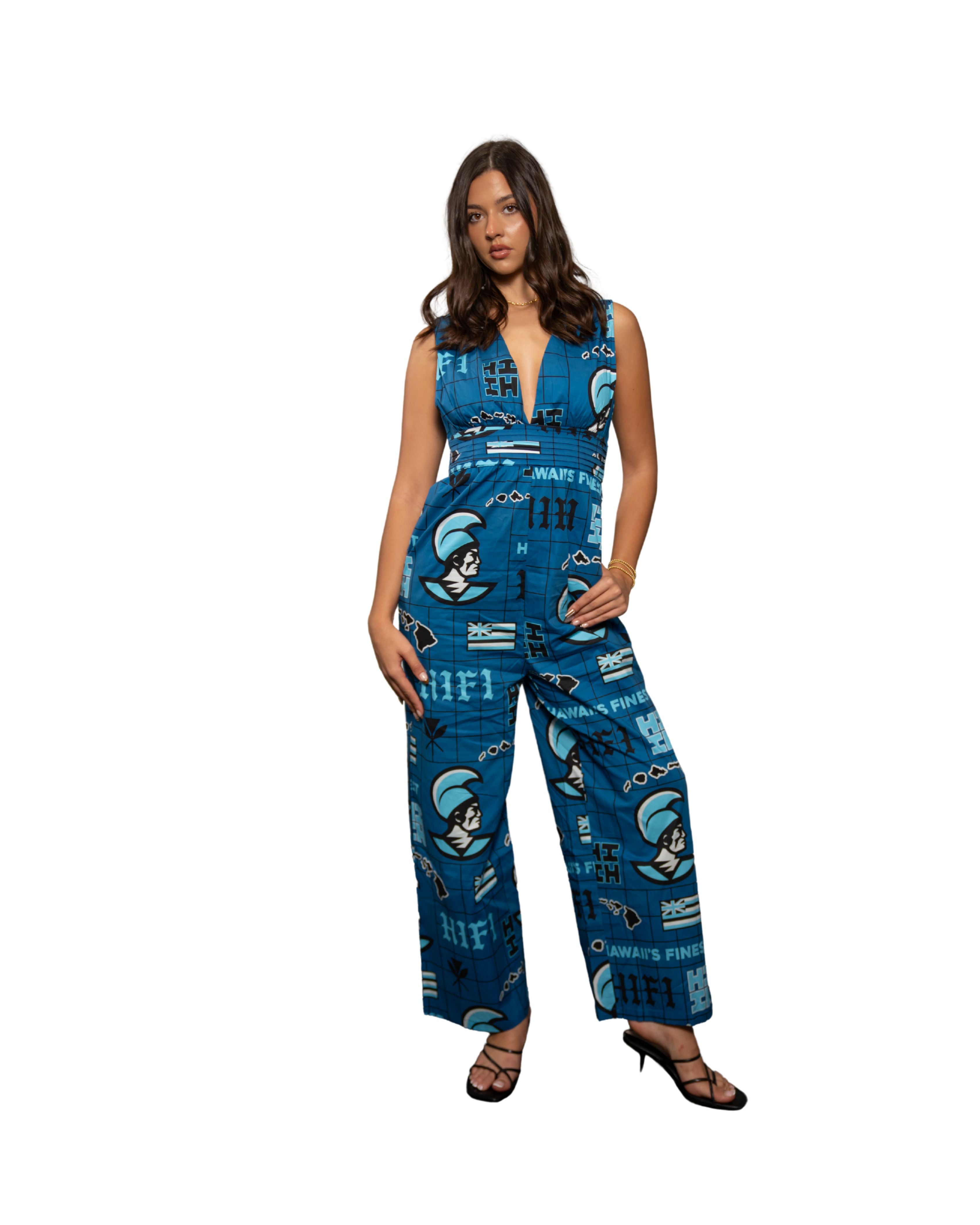KOA ALOHA WOMEN'S BLUE V-NECK JUMPSUIT Shirts Hawaii's Finest X-SMALL 