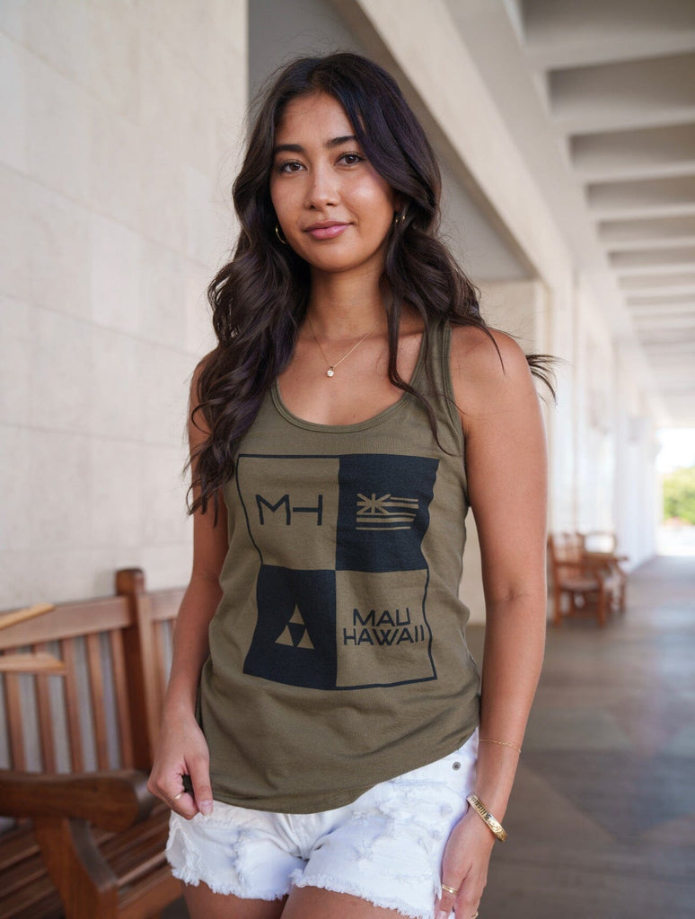 MAU WOMEN'S OLIVE BLOCK LOGOS TOP Shirts Mau Hawaii X-SMALL 