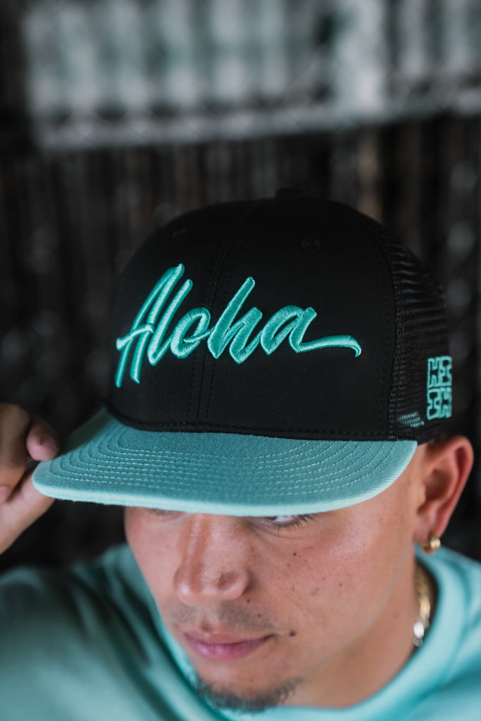 MINT & BLACK SCRIPT ALOHA TRUCKER Hat Hawaii's Finest 