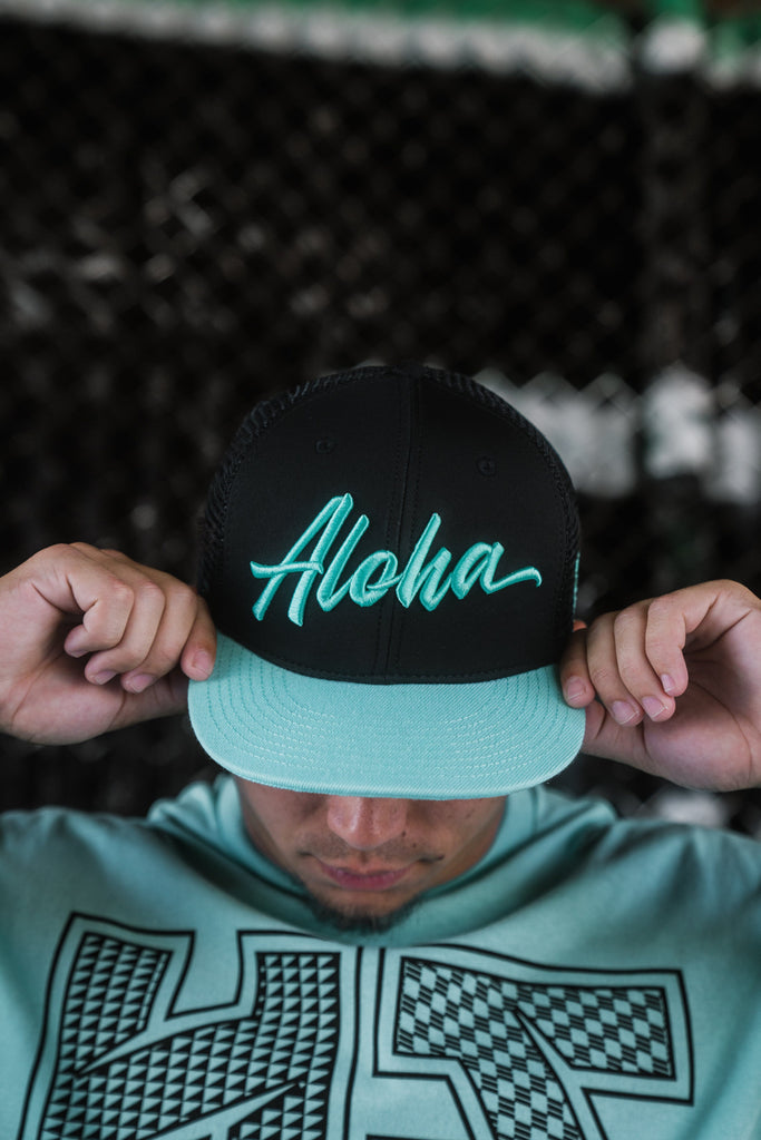 MINT & BLACK SCRIPT ALOHA TRUCKER Hat Hawaii's Finest 