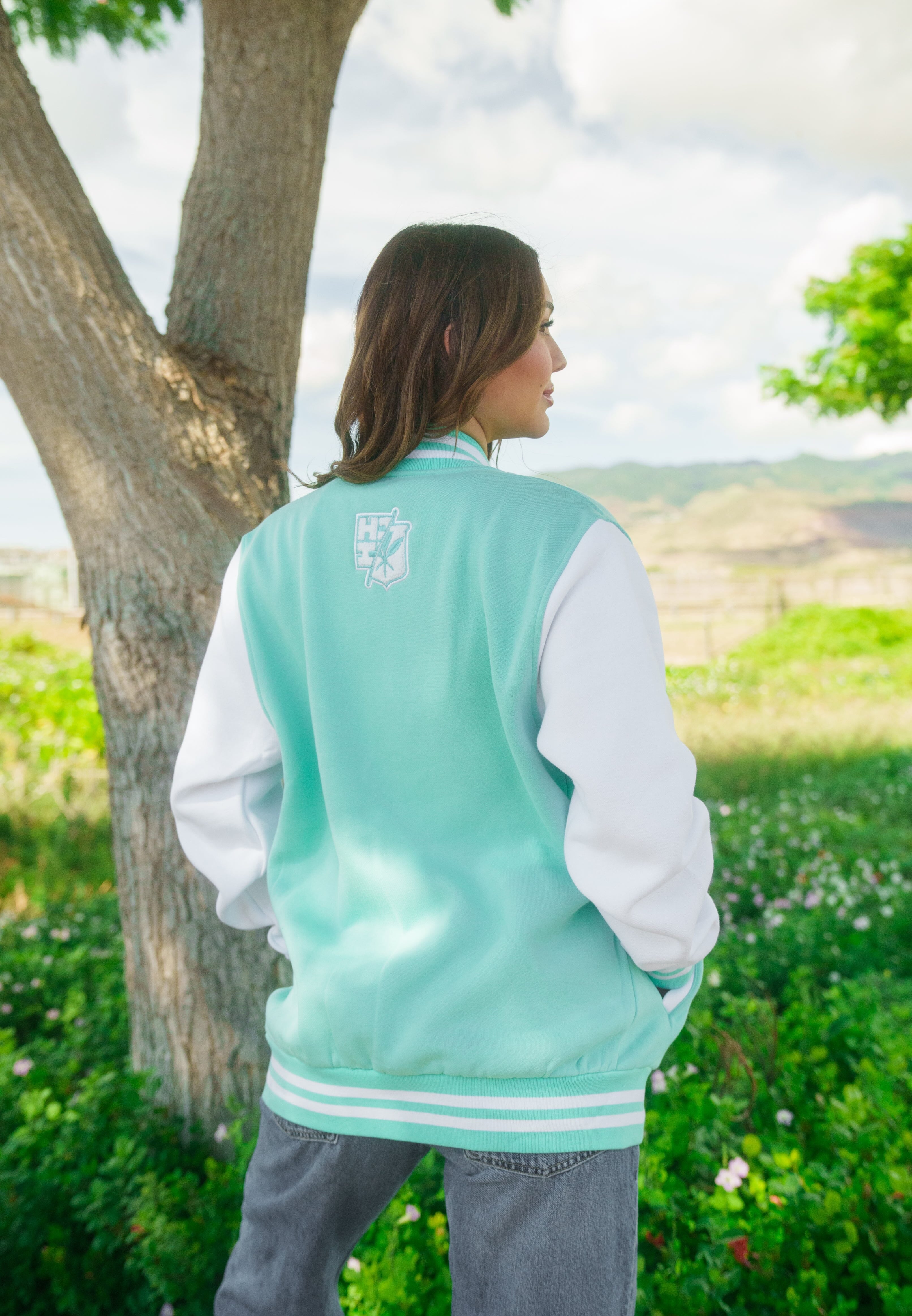 MINT & WHITE SPLIT LOGO VARSITY JACKET Jacket Hawaii's Finest 