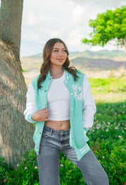 MINT & WHITE SPLIT LOGO VARSITY JACKET Jacket Hawaii's Finest 