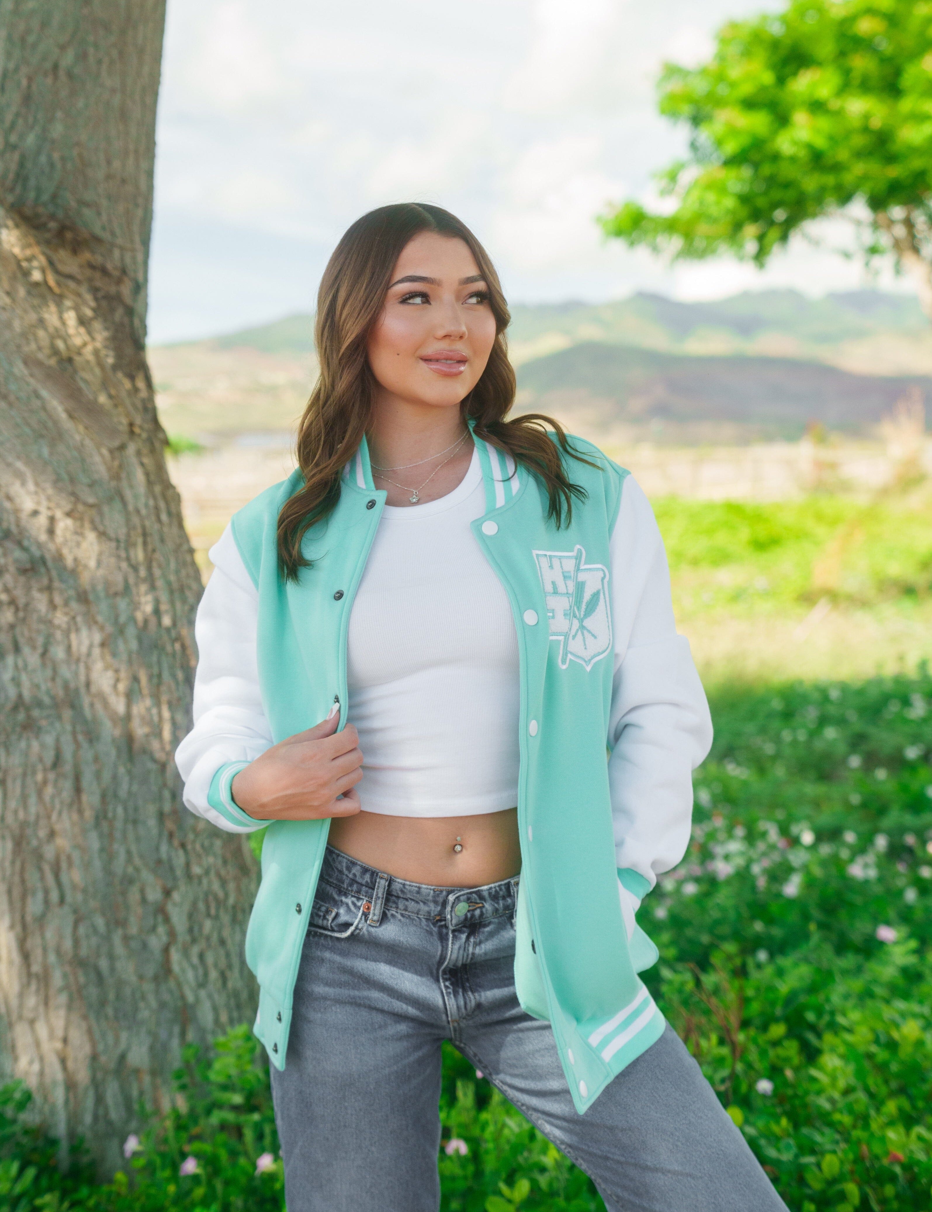 MINT & WHITE SPLIT LOGO VARSITY JACKET Jacket Hawaii's Finest 