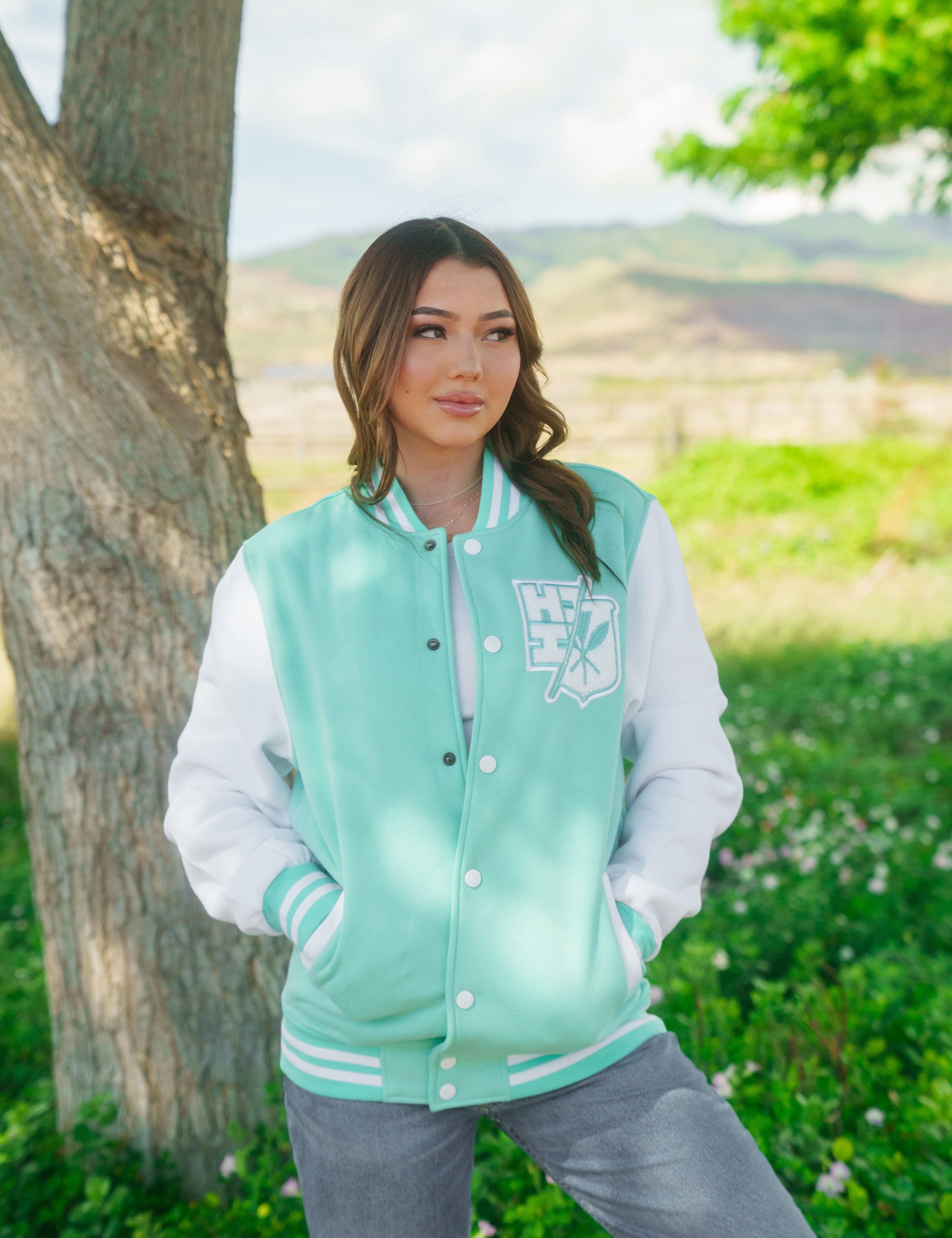 MINT & WHITE SPLIT LOGO VARSITY JACKET Jacket Hawaii's Finest X-SMALL 