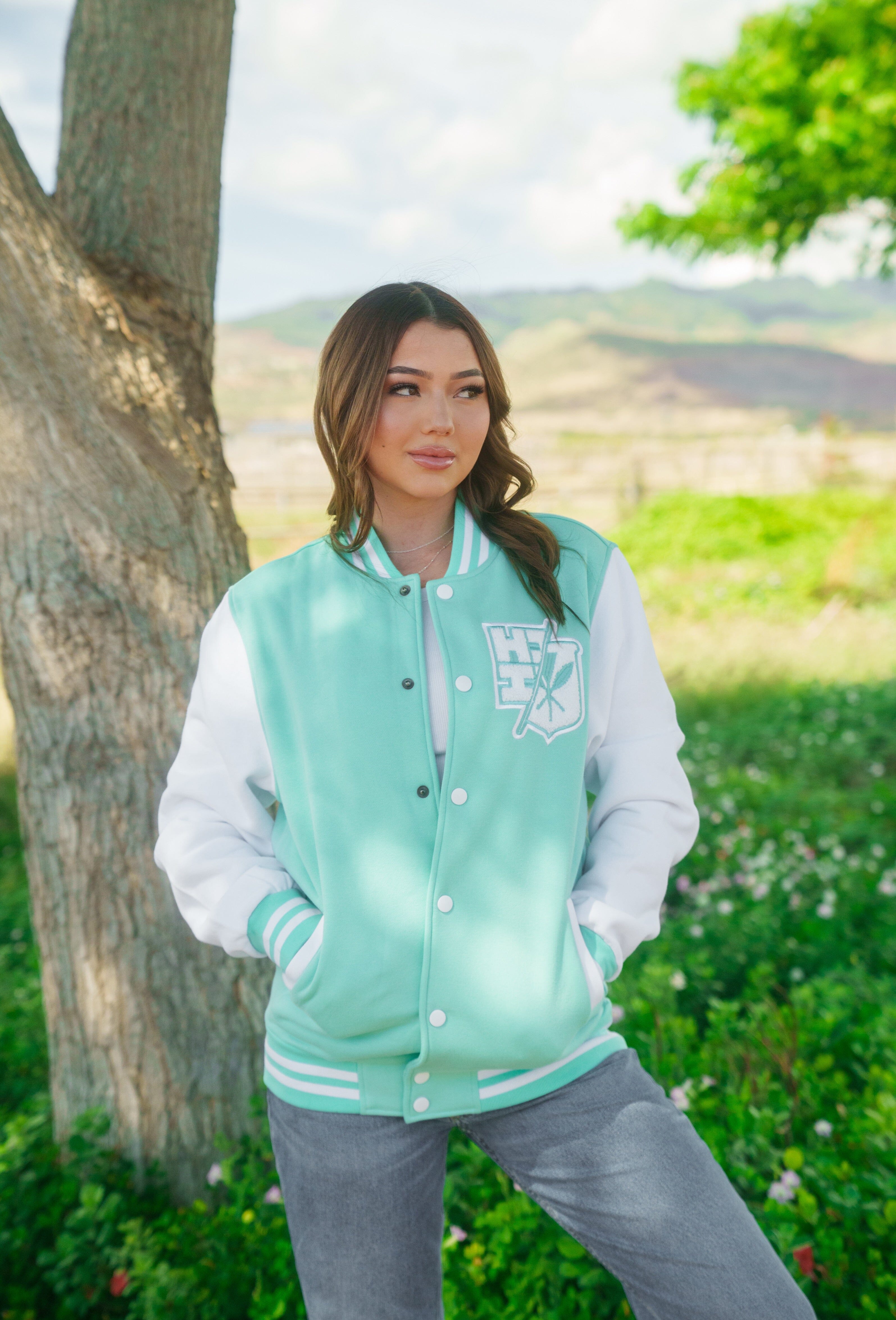 MINT & WHITE SPLIT LOGO VARSITY JACKET Jacket Hawaii's Finest X-SMALL 