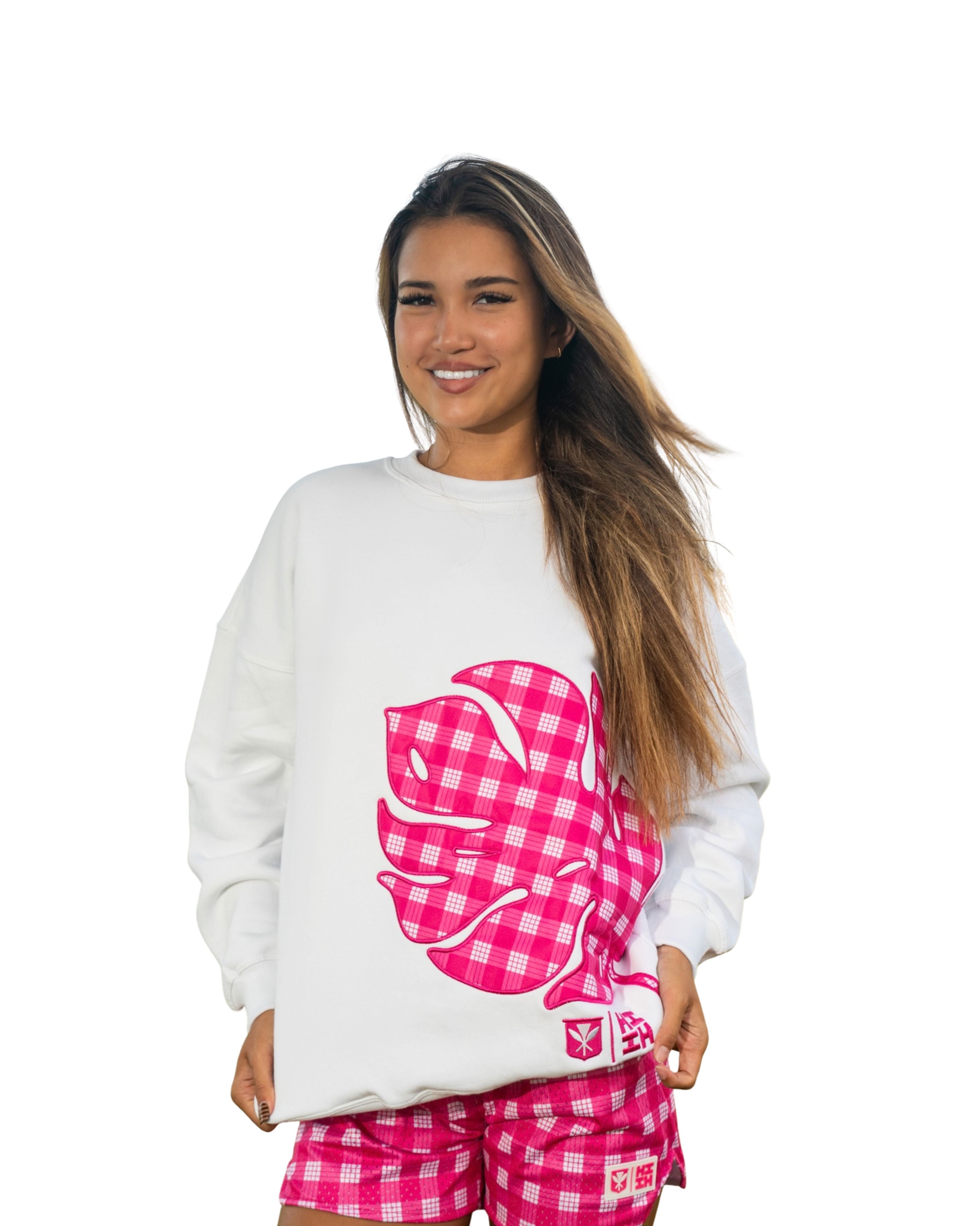 MONSTERA PINK PALAKA NECK CREW SWEATER Jacket Hawaii's Finest X-SMALL 