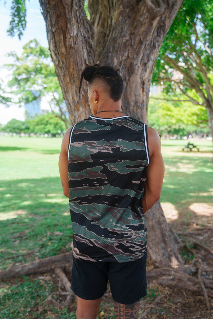 OLIVE BROWN CAMO ALOHA FESTIVAL BASKETBALL JERSEY