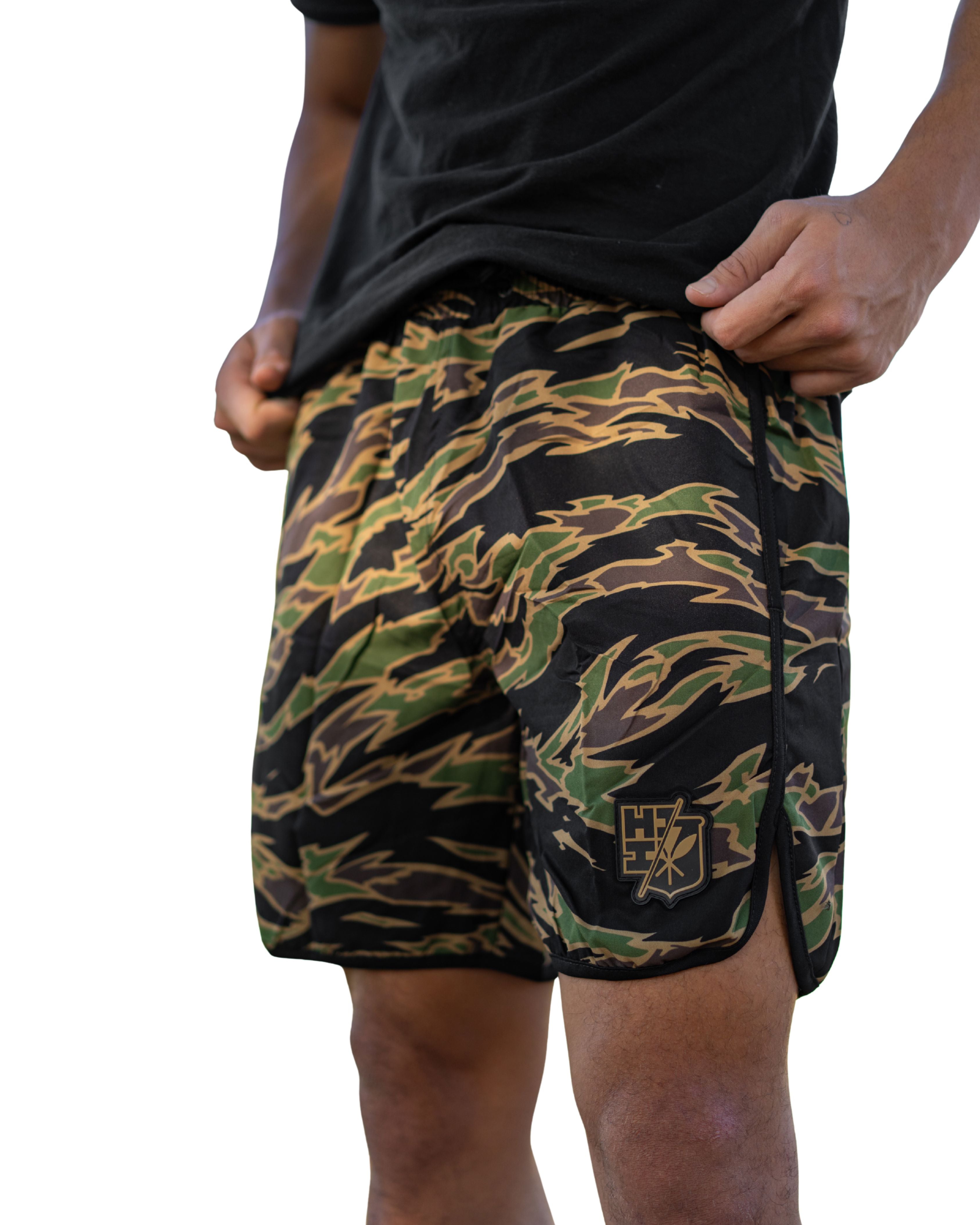 OLIVE & BROWN TIGER CAMO PERFORMANCE SHORTS Shorts Hawaii's Finest 