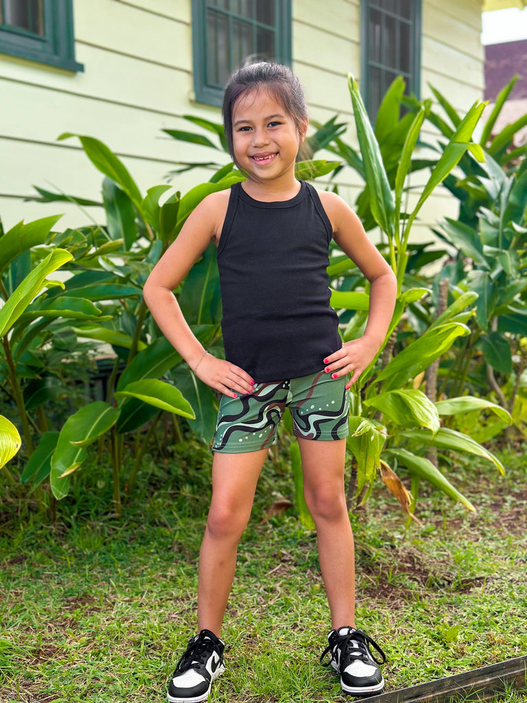 OLIVE MARBLE CAMO MINI COLLECTION KEIKI FITTED SHORTS Shirts Hawaii's Finest 