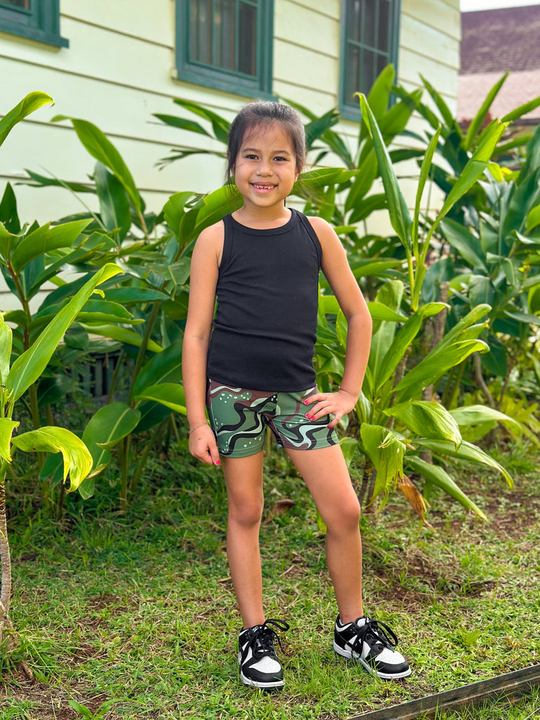 OLIVE MARBLE CAMO MINI COLLECTION KEIKI FITTED SHORTS Shirts Hawaii's Finest XX-SMALL 