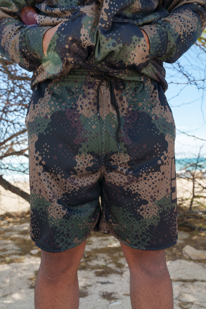 OLIVE SPRAY CAMO MESH SHORTS Shorts Hawaii's Finest 