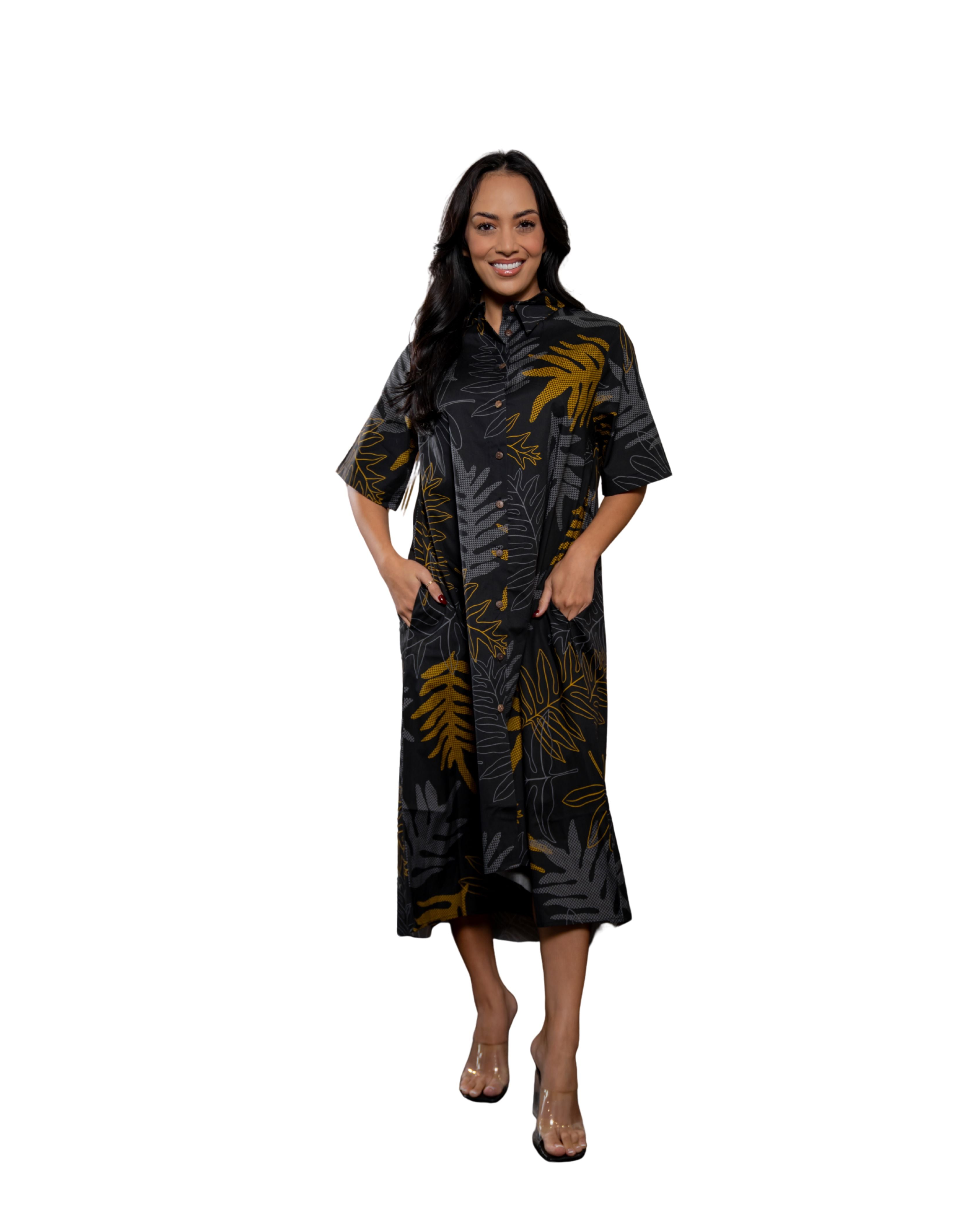 ONAONA WOMEN'S BLACK & TAUPE COLLARED DRESS Shirts Hawaii's Finest X-SMALL 