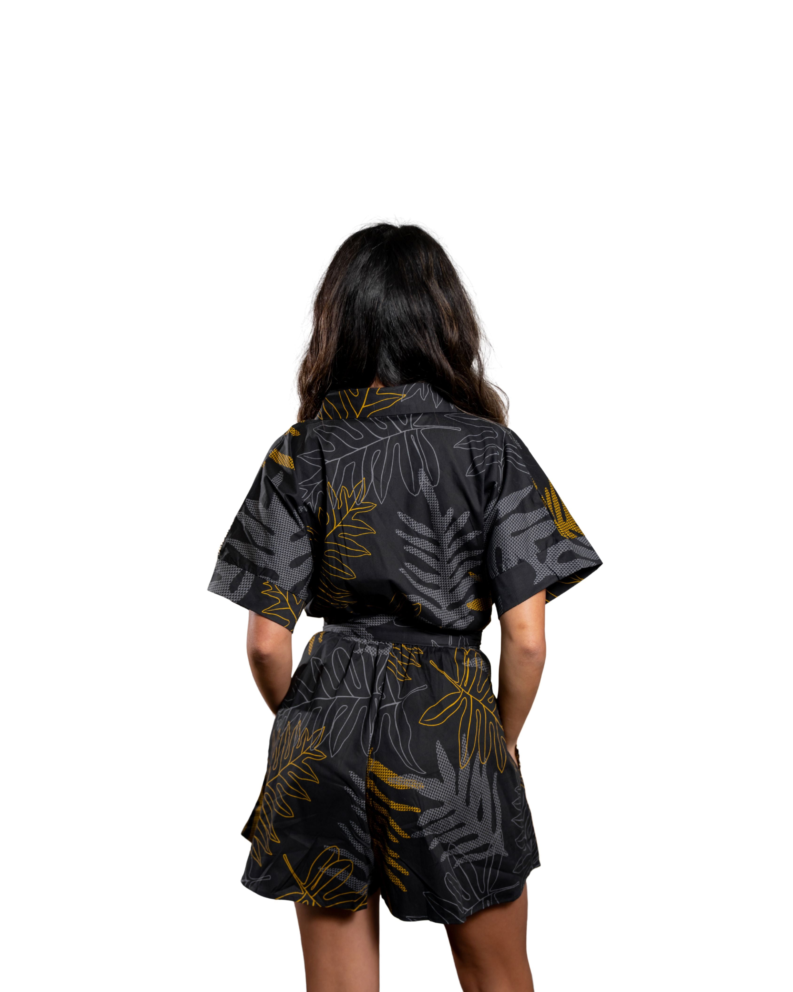 ONAONA WOMEN'S BLACK & TAUPE COLLARED ROMPER Shirts Hawaii's Finest 