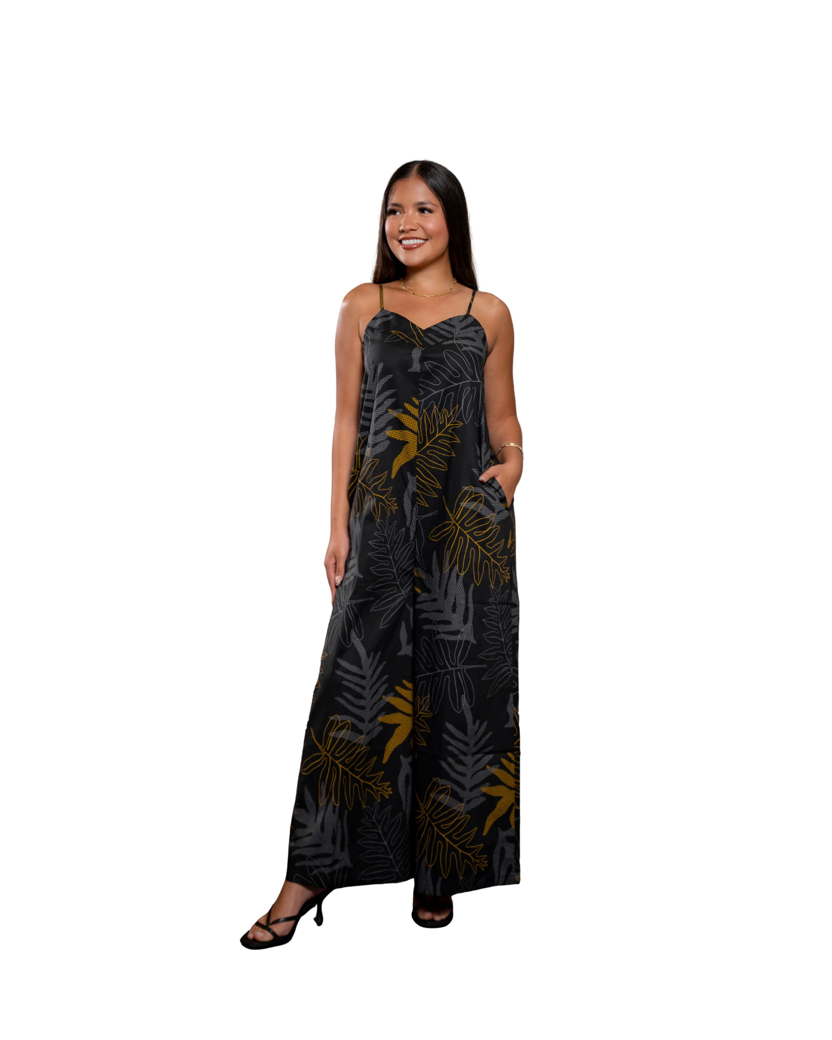 ONAONA WOMEN'S BLACK & TAUPE FLOWY JUMPSUIT Shirts Hawaii's Finest X-SMALL 
