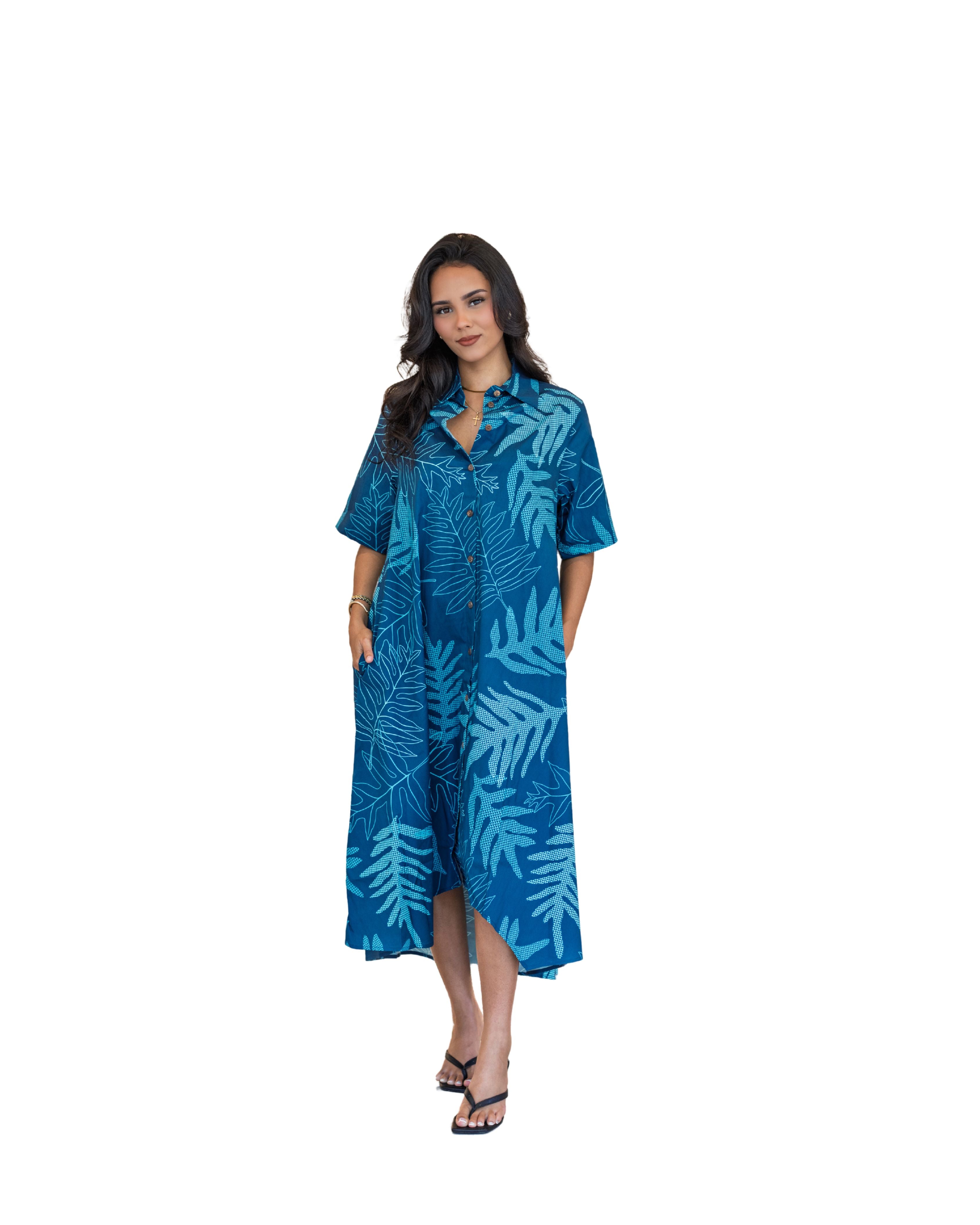 ONAONA WOMEN'S BLUE COLLARED DRESS Shirts Hawaii's Finest X-SMALL 