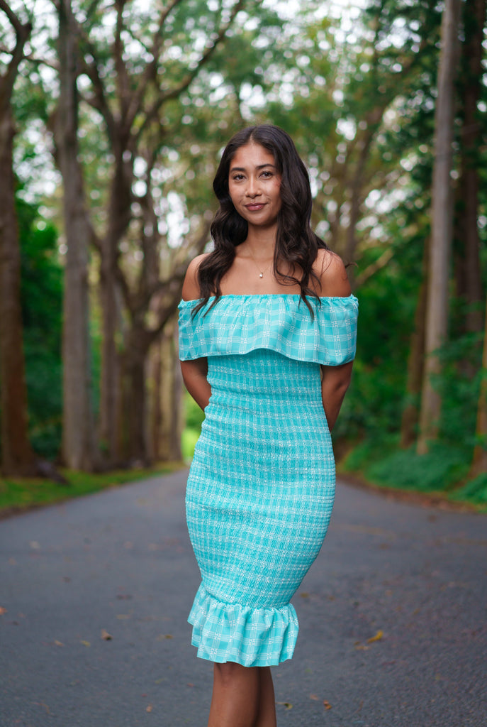 PALAKA WOMEN'S MINT OTS RUFFLE TRIM DRESS Shirts Hawaii's Finest X-SMALL 