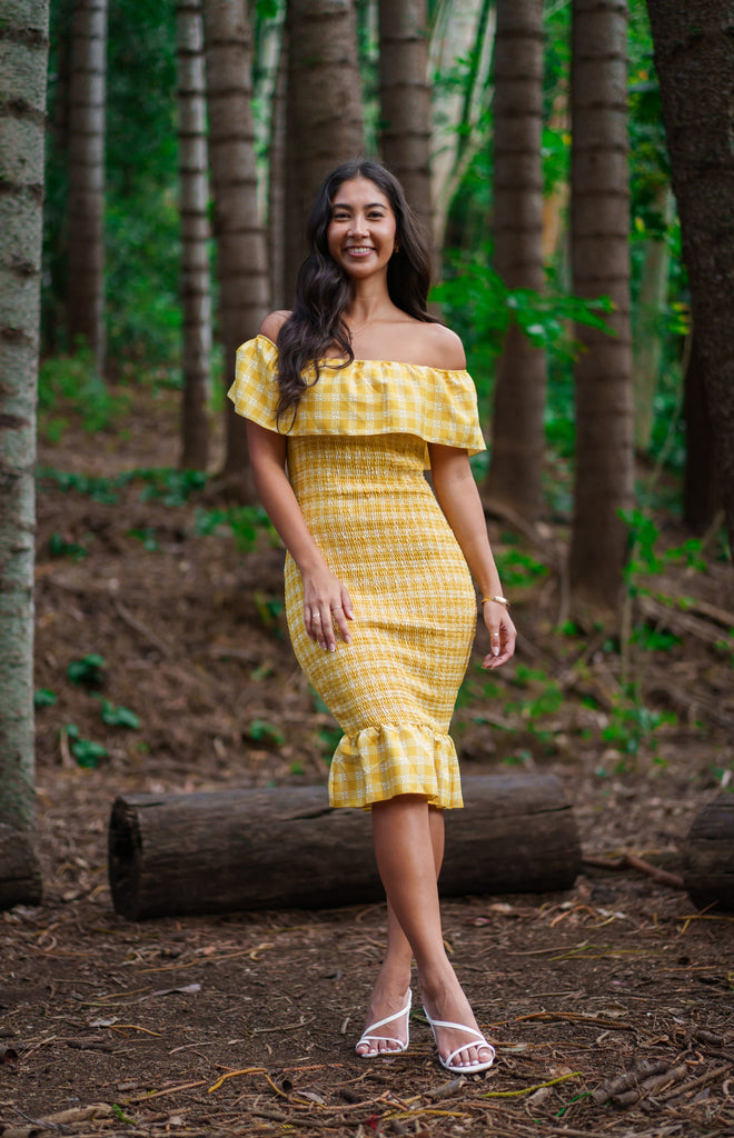 PALAKA WOMEN'S YELLOW OTS RUFFLE TRIM DRESS Shirts Hawaii's Finest X-SMALL 