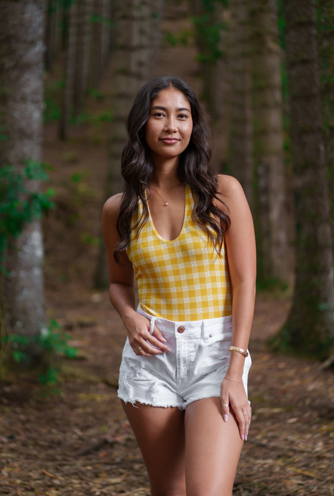 PALAKA WOMEN'S YELLOW TIE HALTER BODYSUIT Shirts Hawaii's Finest X-SMALL 