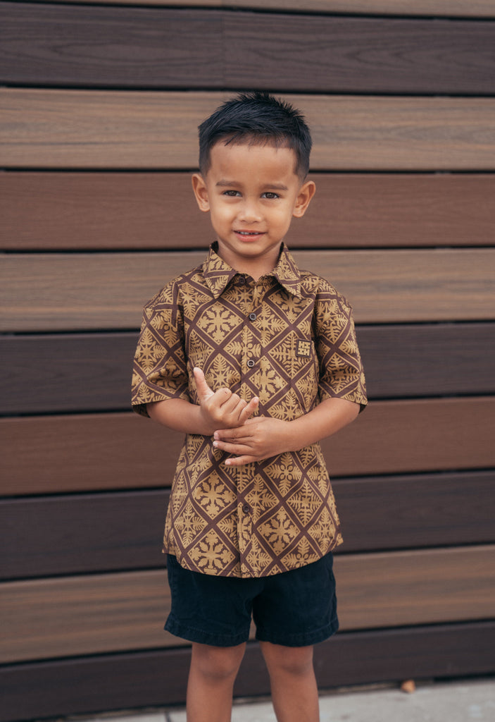 QUILT KEIKI BROWN ALOHA SHIRT Shirts Hawaii's Finest XX-SMALL 