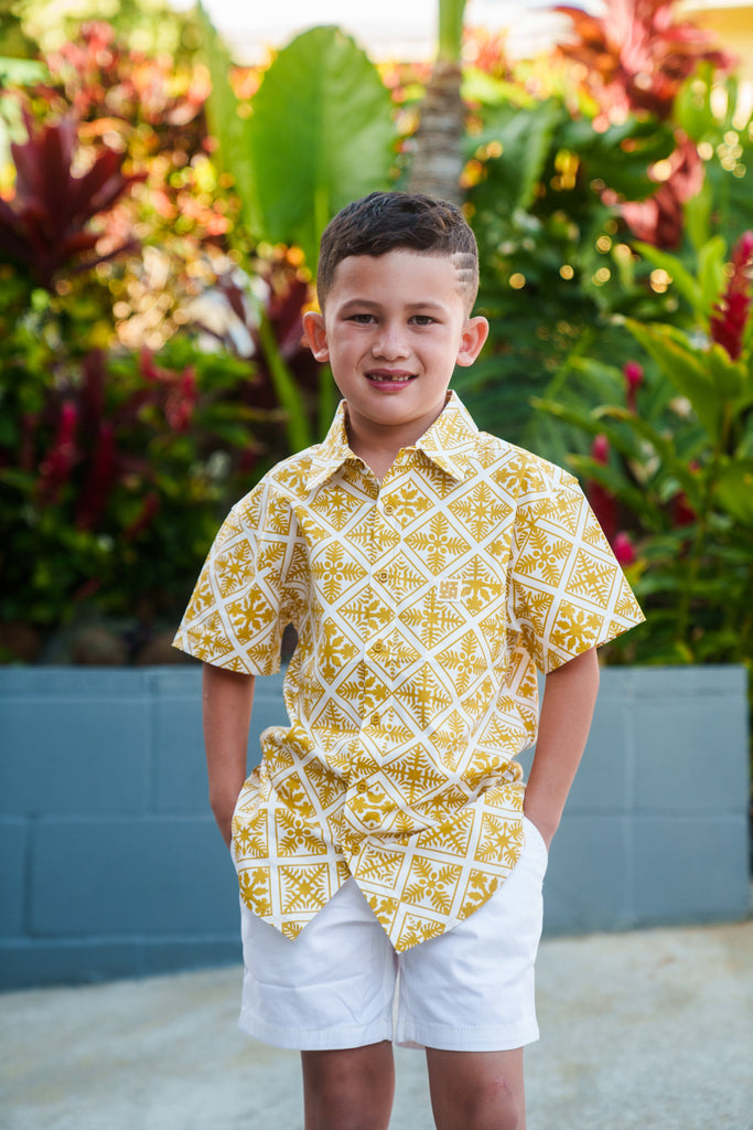 QUILT KEIKI MUSTARD ALOHA SHIRT Shirts Hawaii's Finest XX-SMALL 