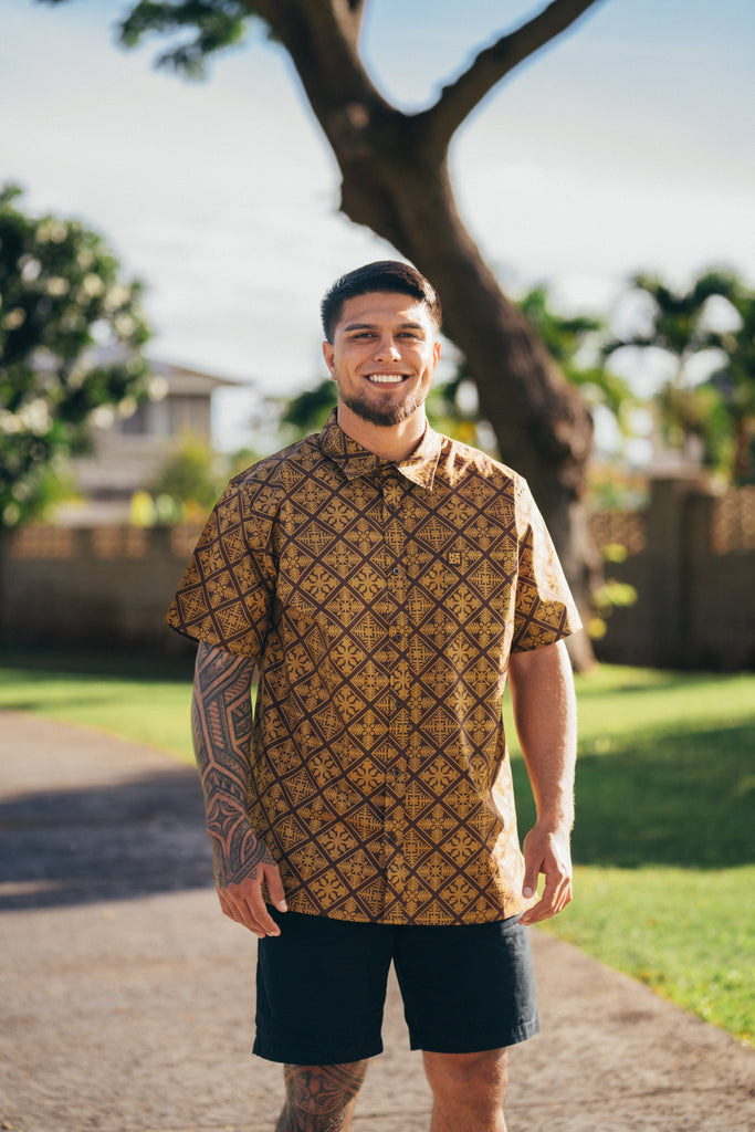 QUILT MEN'S BROWN ALOHA SHIRT Shirts Hawaii's Finest SMALL 