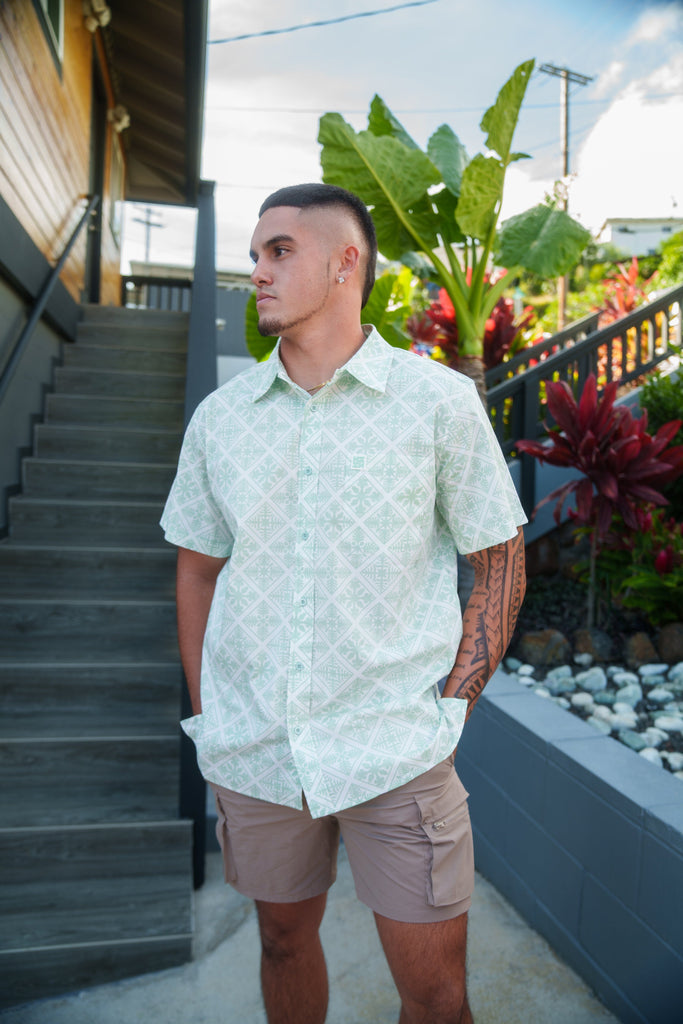 QUILT MEN'S SAGE ALOHA SHIRT Shirts Hawaii's Finest SMALL 