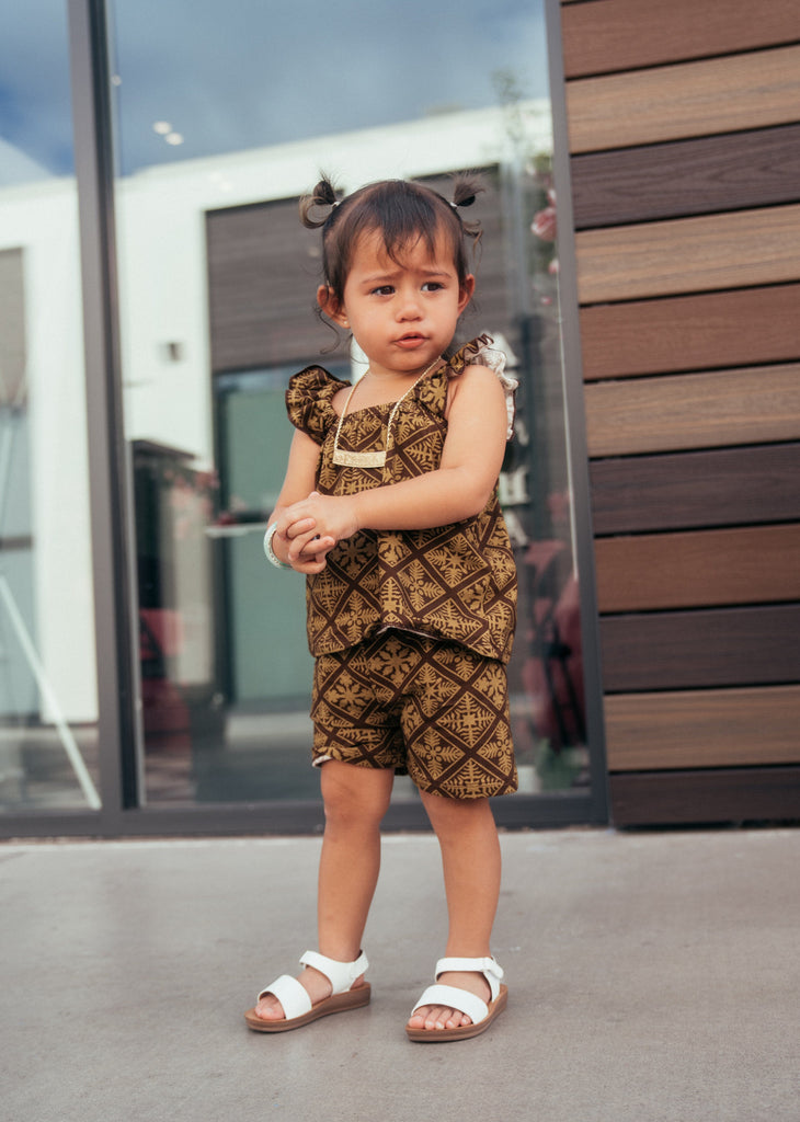 QUILT PĒPĒ BROWN RUFFLE SET Beachwear Hawaii's Finest 6-12months 