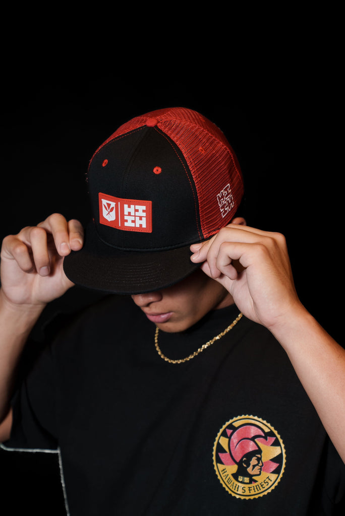 RED & BLACK SIMPLE LOGO RUBBER PATCH TRUCKER Hat Hawaii's Finest 