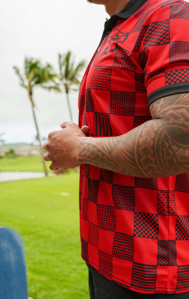 RED & BLACK TRIBAL CHECKERBOARD GOLF SHIRT Jersey Hawaii's Finest 
