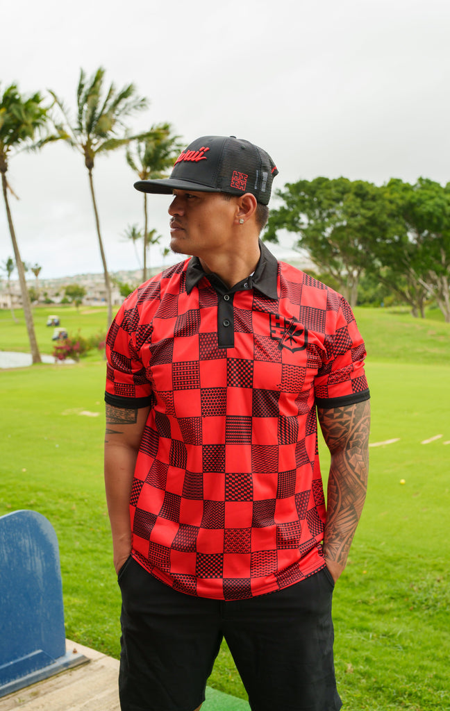 RED & BLACK TRIBAL CHECKERBOARD GOLF SHIRT Jersey Hawaii's Finest X-SMALL 