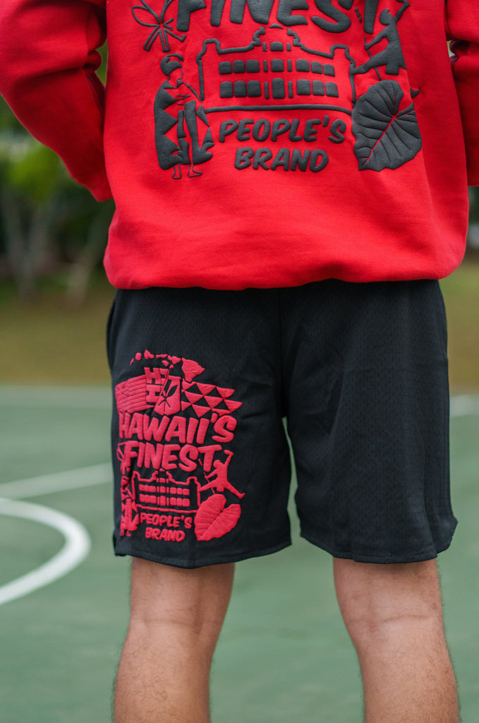 RED PUFF COLLAGE MESH SHORTS Shorts Hawaii's Finest 
