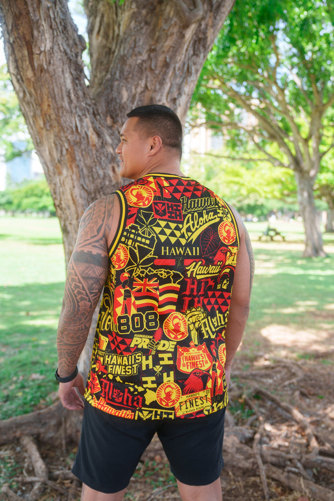 RED & YELLOW STICKERBOMB ALOHA FESTIVAL BASKETBALL JERSEY Jersey Hawaii's Finest 