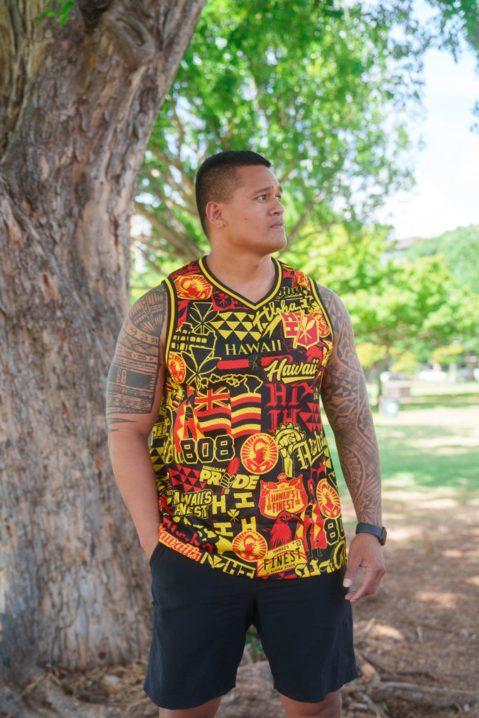 RED & YELLOW STICKERBOMB ALOHA FESTIVAL BASKETBALL JERSEY Jersey Hawaii's Finest 