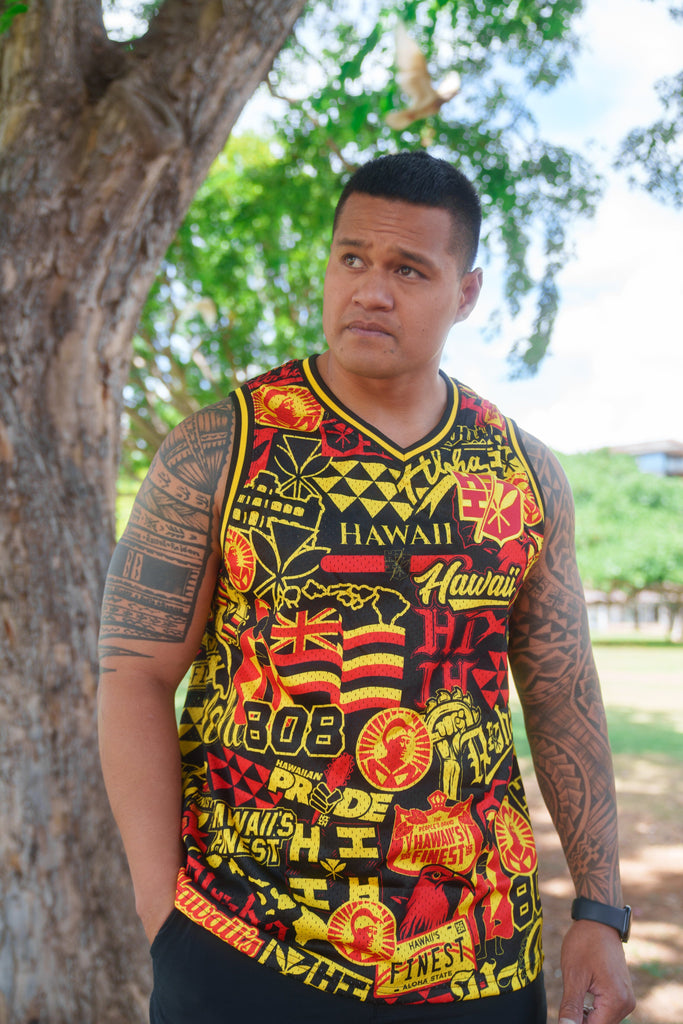 RED & YELLOW STICKERBOMB ALOHA FESTIVAL BASKETBALL JERSEY Jersey Hawaii's Finest X-SMALL 