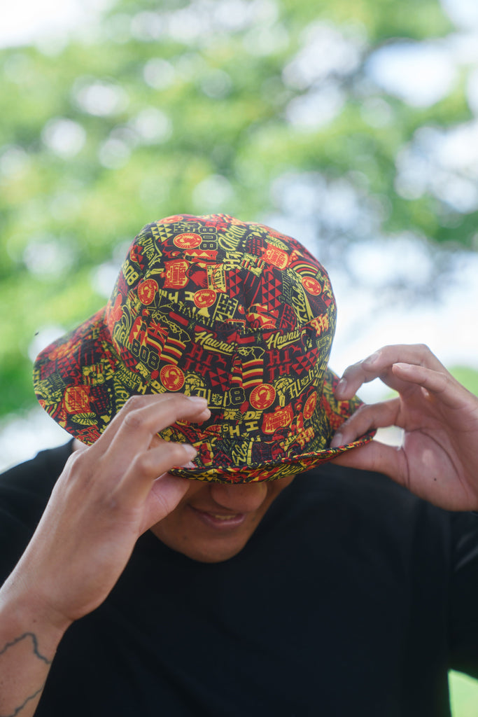 RED & YELLOW STICKERBOMB ALOHA FESTIVAL BUCKET HAT Hat Hawaii's Finest 