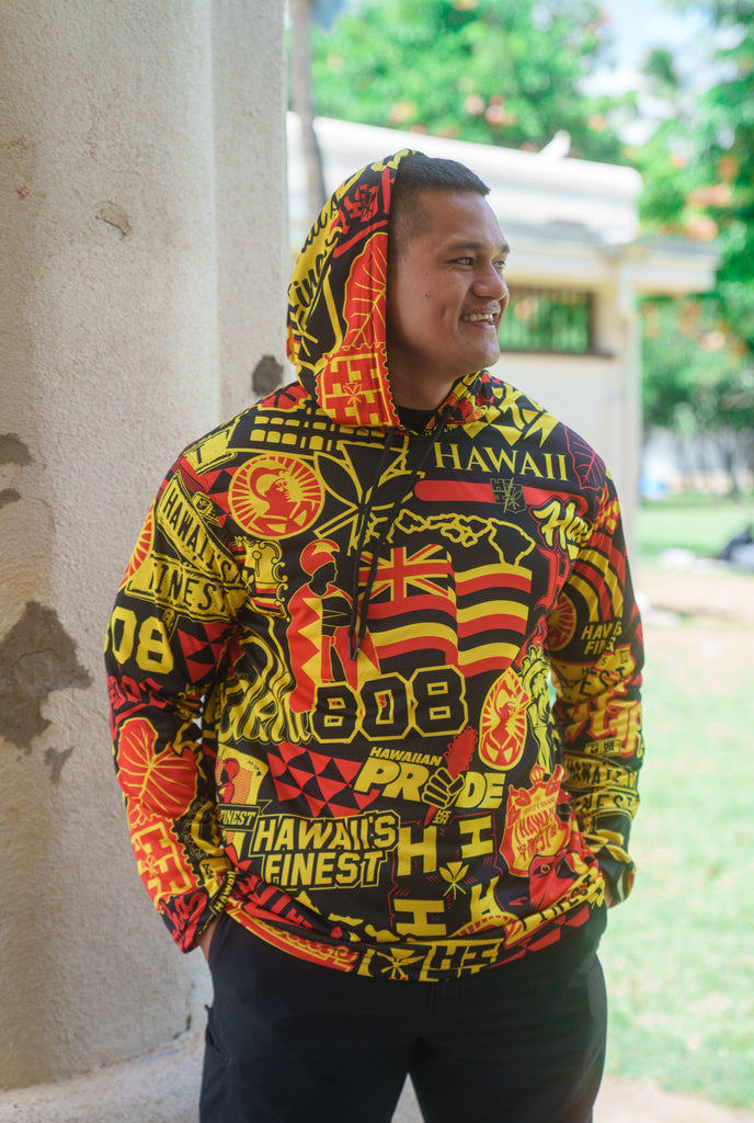 RED & YELLOW STICKERBOMB ALOHA FESTIVAL HOODIE Jacket Hawaii's Finest X-SMALL 