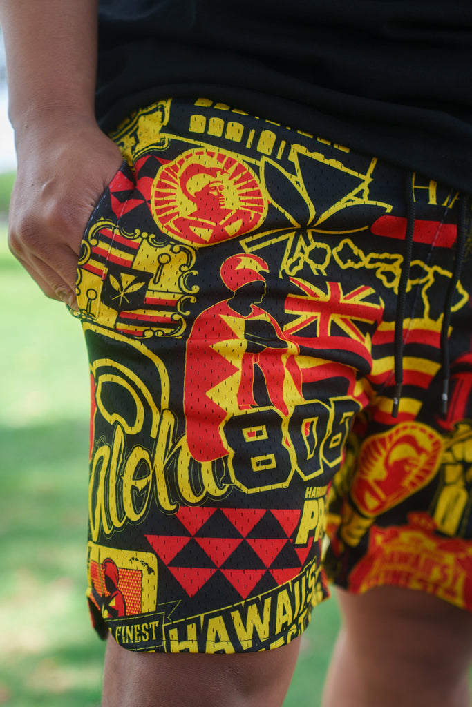 RED & YELLOW STICKERBOMB ALOHA FESTIVAL MESH SHORTS Shorts Hawaii's Finest 