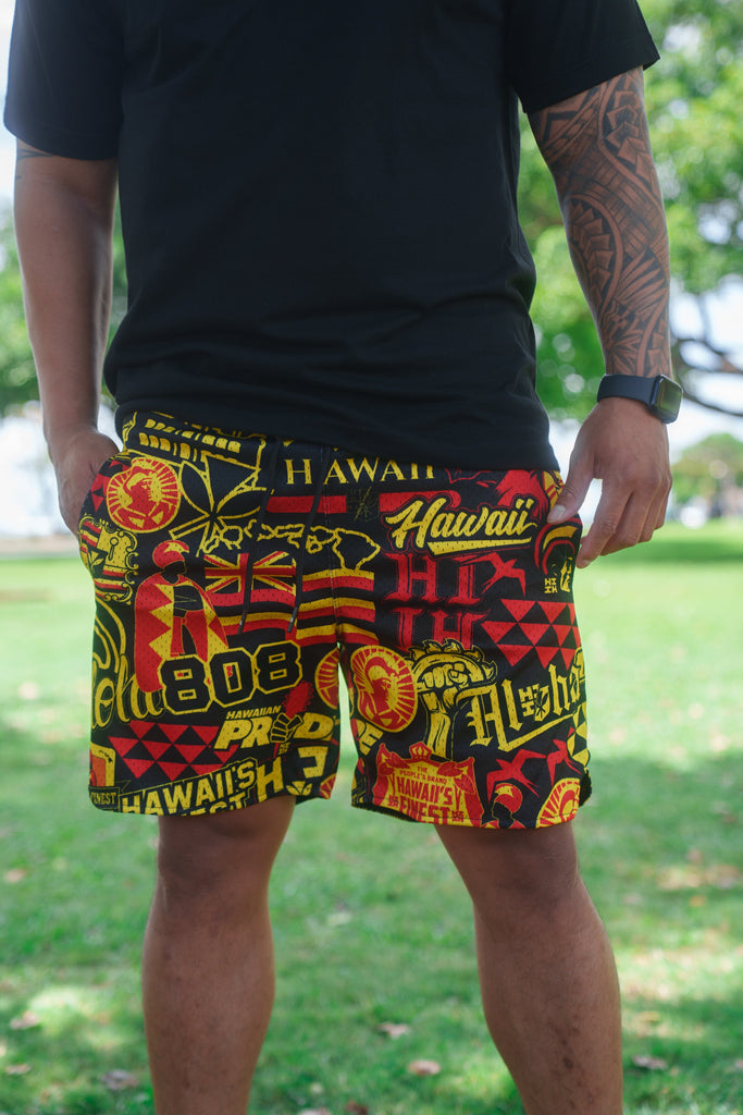 RED & YELLOW STICKERBOMB ALOHA FESTIVAL MESH SHORTS Shorts Hawaii's Finest 