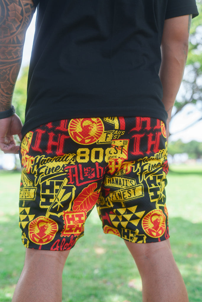 RED & YELLOW STICKERBOMB ALOHA FESTIVAL MESH SHORTS Shorts Hawaii's Finest 