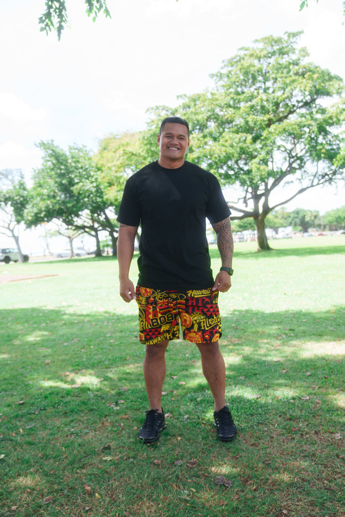 RED & YELLOW STICKERBOMB ALOHA FESTIVAL MESH SHORTS Shorts Hawaii's Finest X-SMALL 