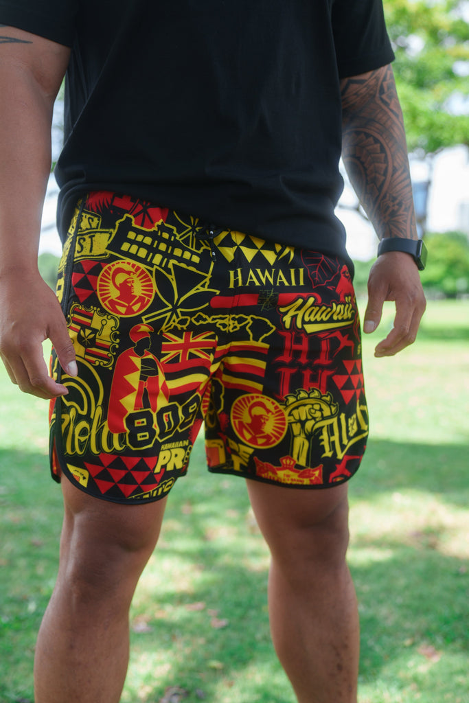 RED & YELLOW STICKERBOMB ALOHA FESTIVAL PERFORMANCE SHORTS Shorts Hawaii's Finest 