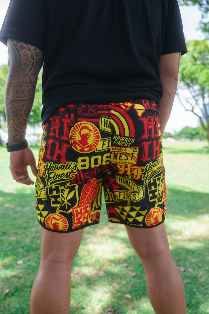 RED & YELLOW STICKERBOMB ALOHA FESTIVAL PERFORMANCE SHORTS Shorts Hawaii's Finest 