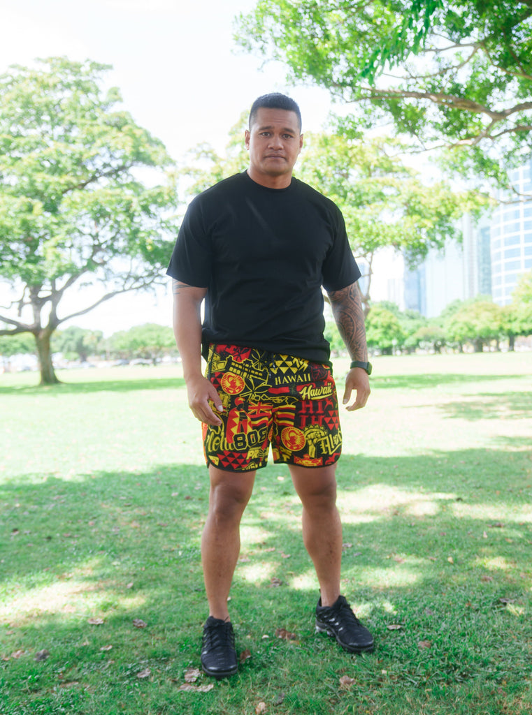 RED & YELLOW STICKERBOMB ALOHA FESTIVAL PERFORMANCE SHORTS Shorts Hawaii's Finest X-SMALL 