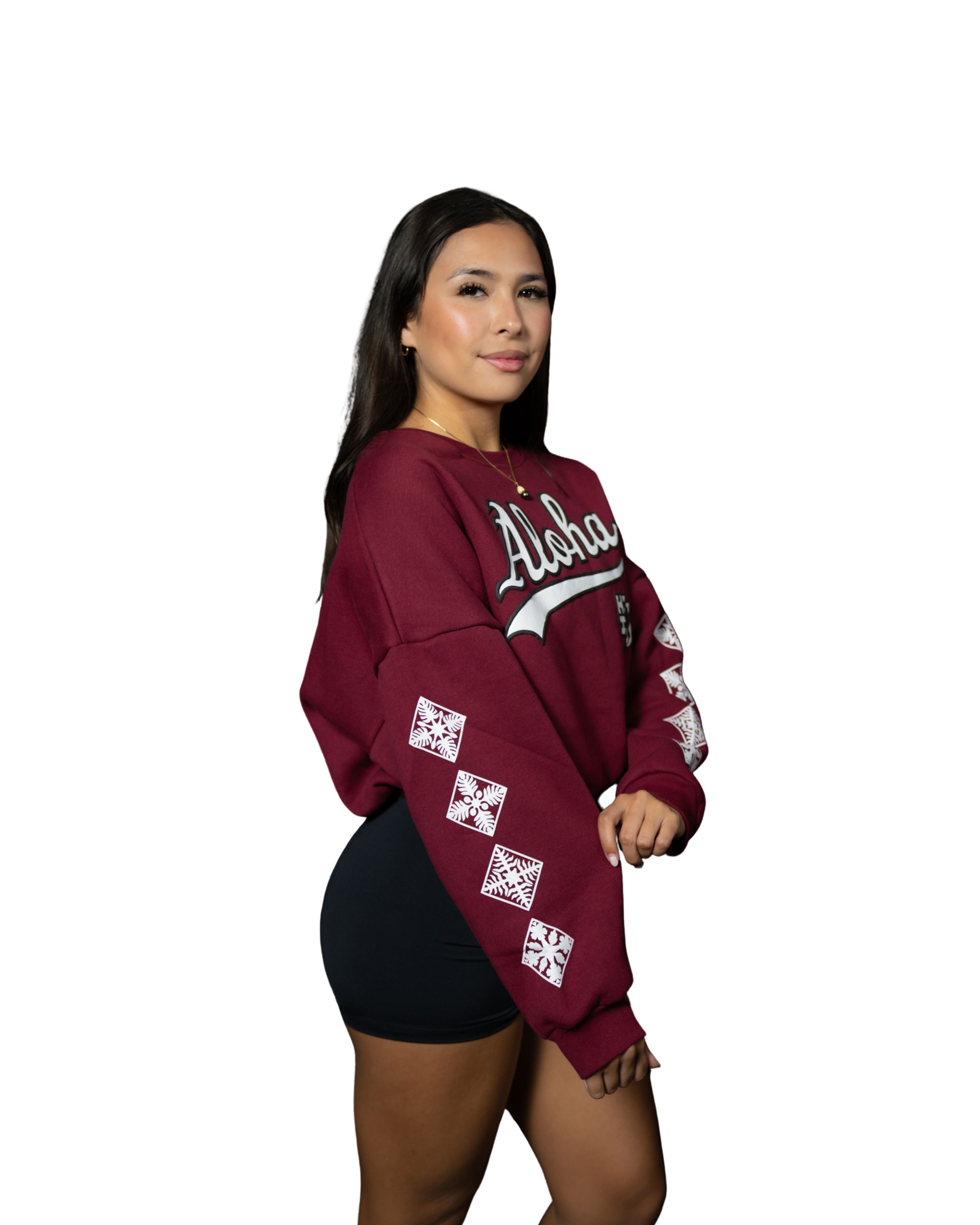ROYAL MAROON ALOHA SCRIPT WOMEN'S OVERSIZED CROP SWEATER Jacket Hawaii's Finest 
