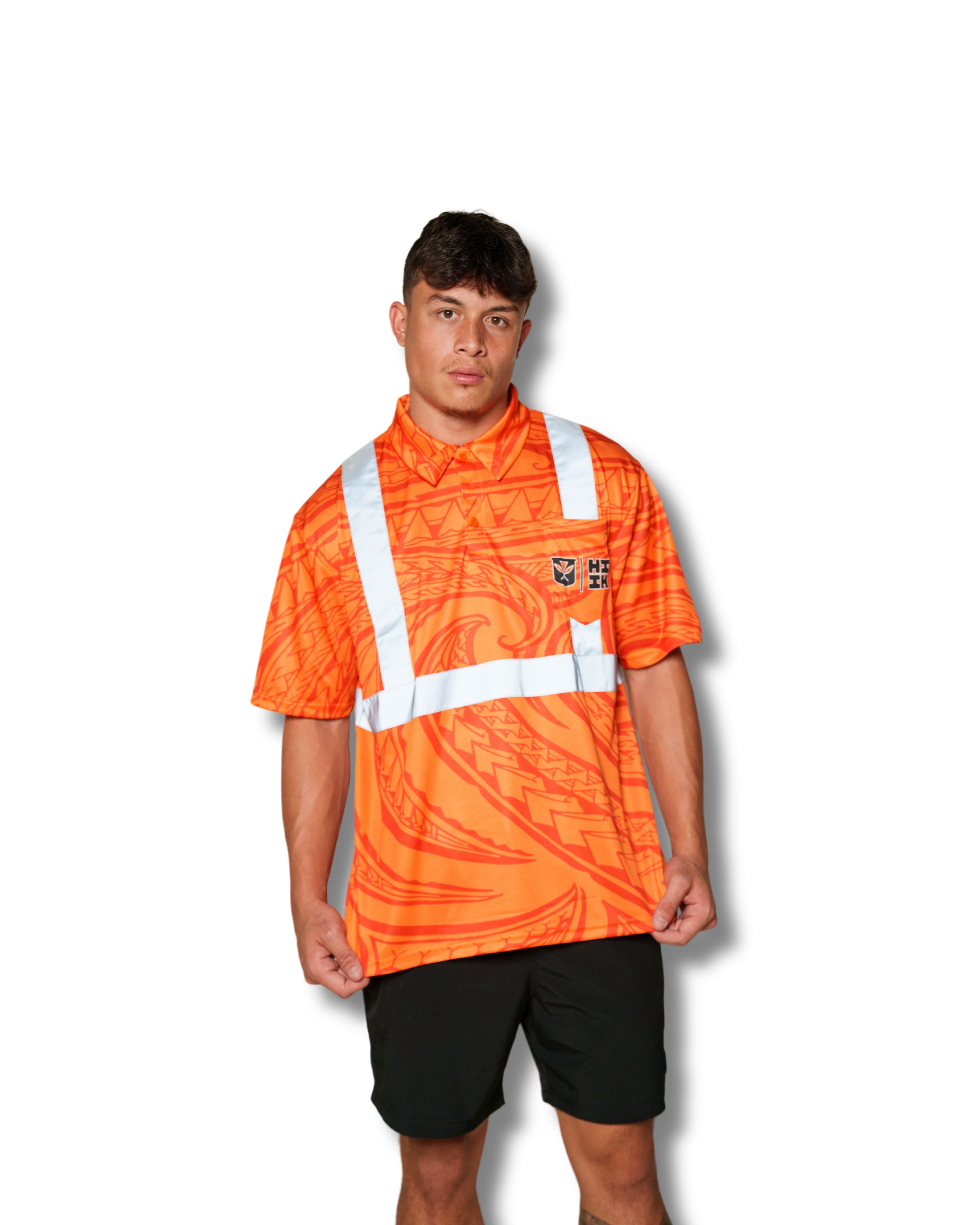 SAFETY ORANGE TRIBAL GOLF SHIRT Jersey Hawaii's Finest SMALL 