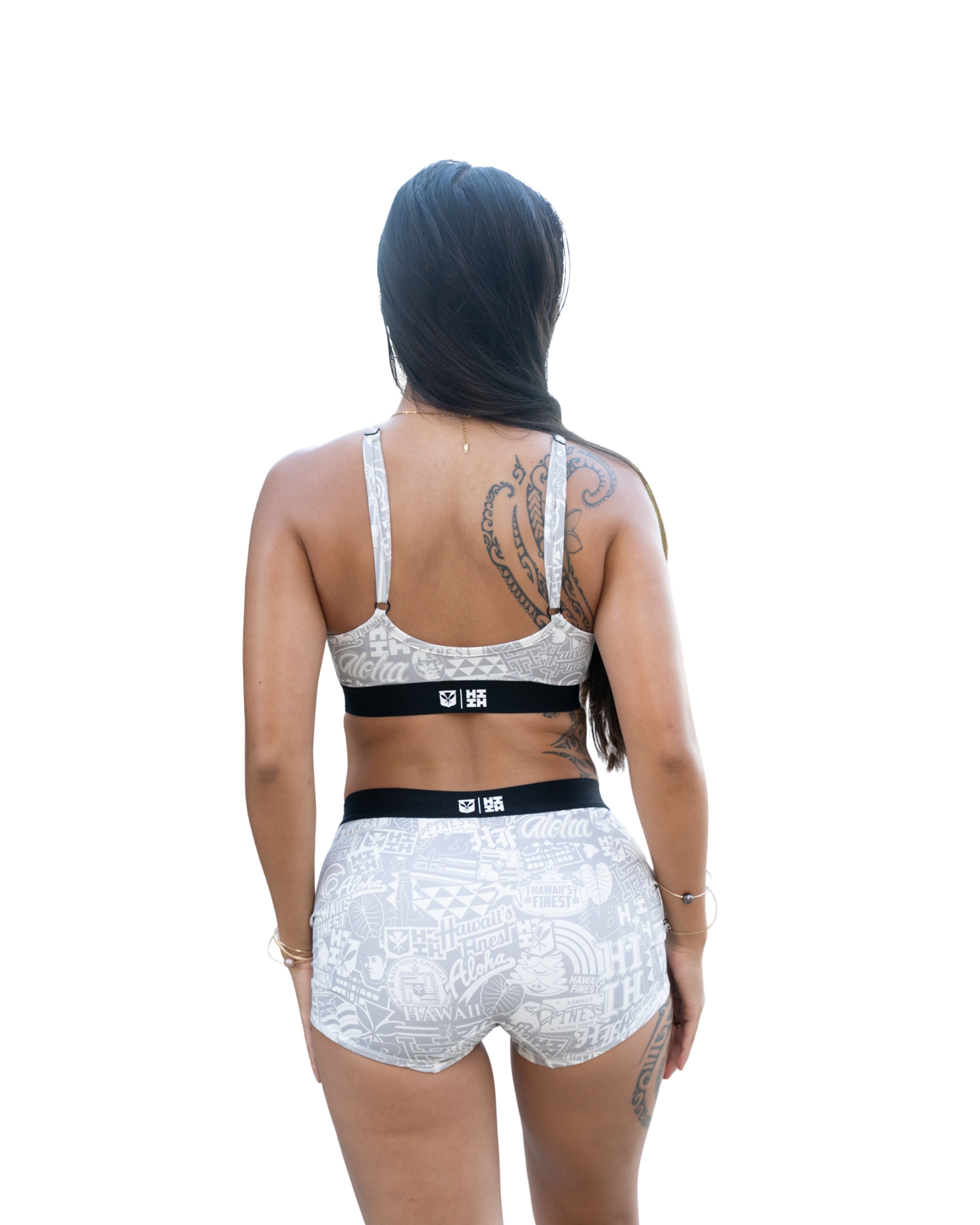 WHITE STICKERBOMB WOMEN'S BOY SHORTS Activewear Hawaii's Finest 