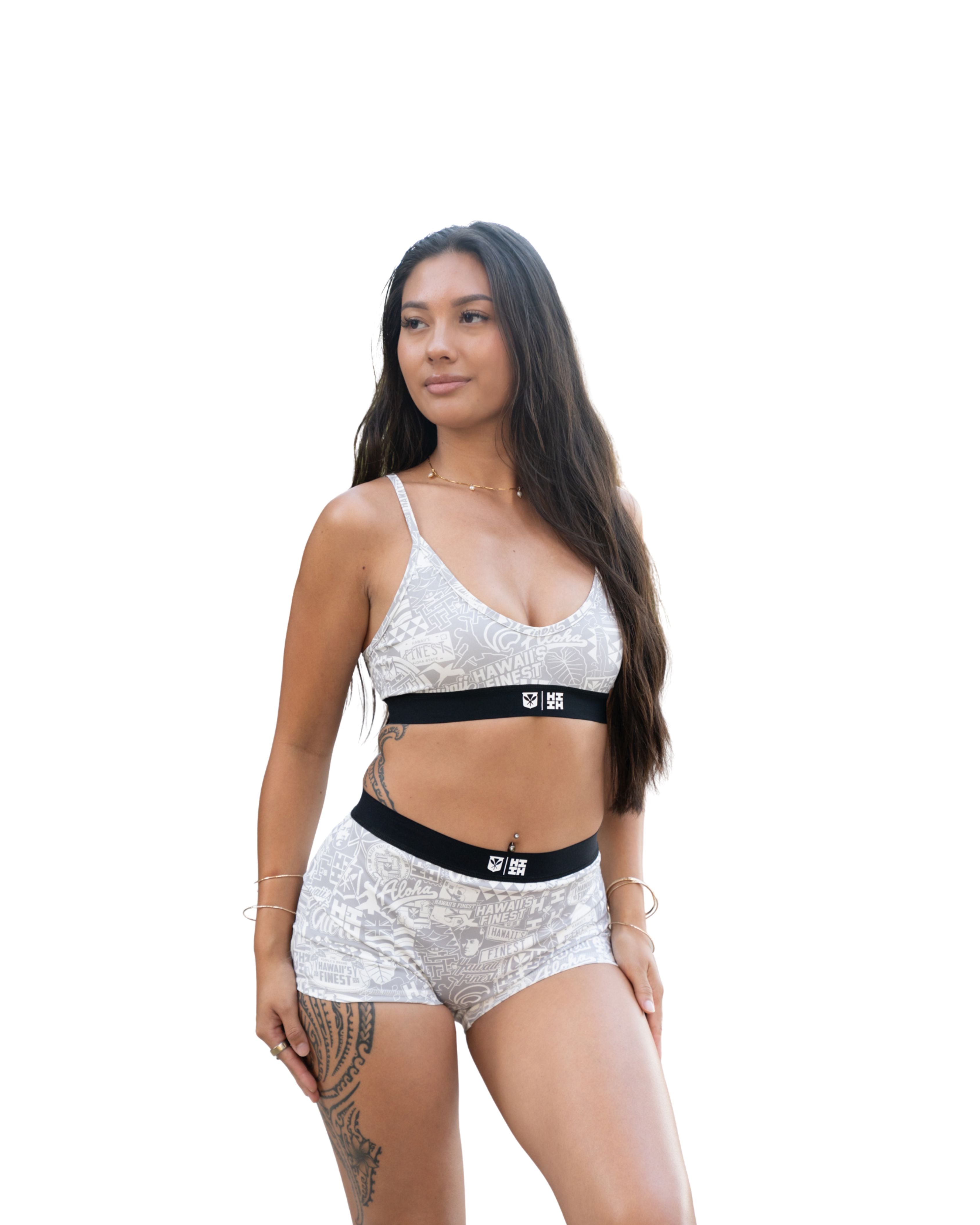 WHITE STICKERBOMB WOMEN'S BRA Activewear Hawaii's Finest X-SMALL 