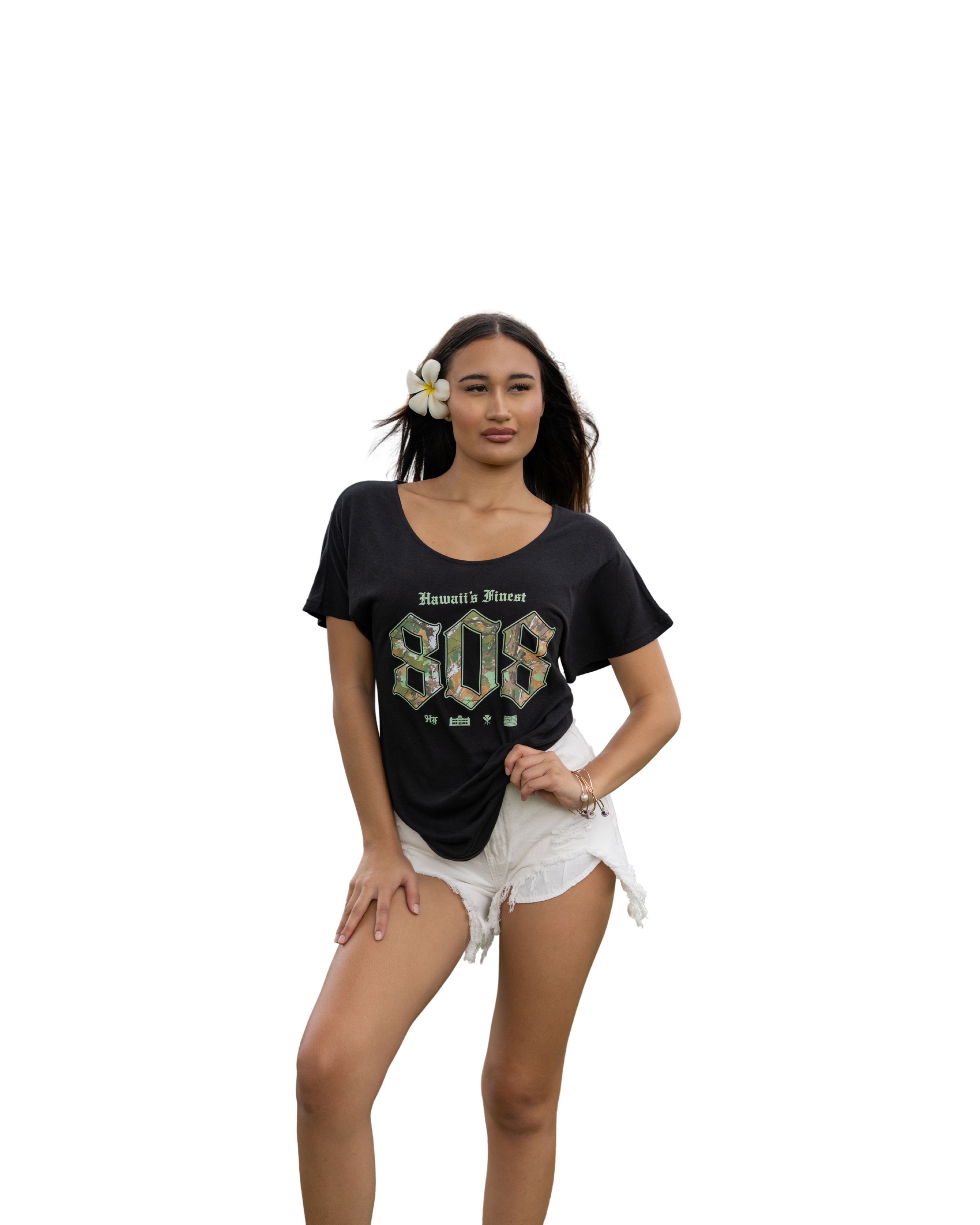 WOMEN'S 808 TREE CAMO GREEN TOP Shirts Hawaii's Finest SMALL 