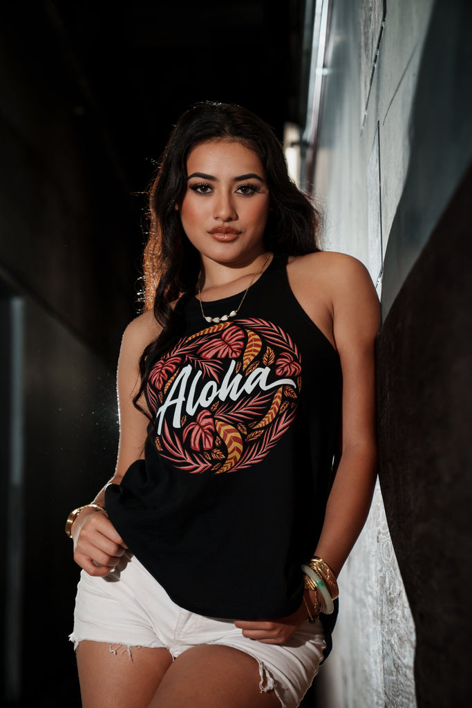 WOMEN'S ALOHA LEAVES PINK TOP Shirts Hawaii's Finest 