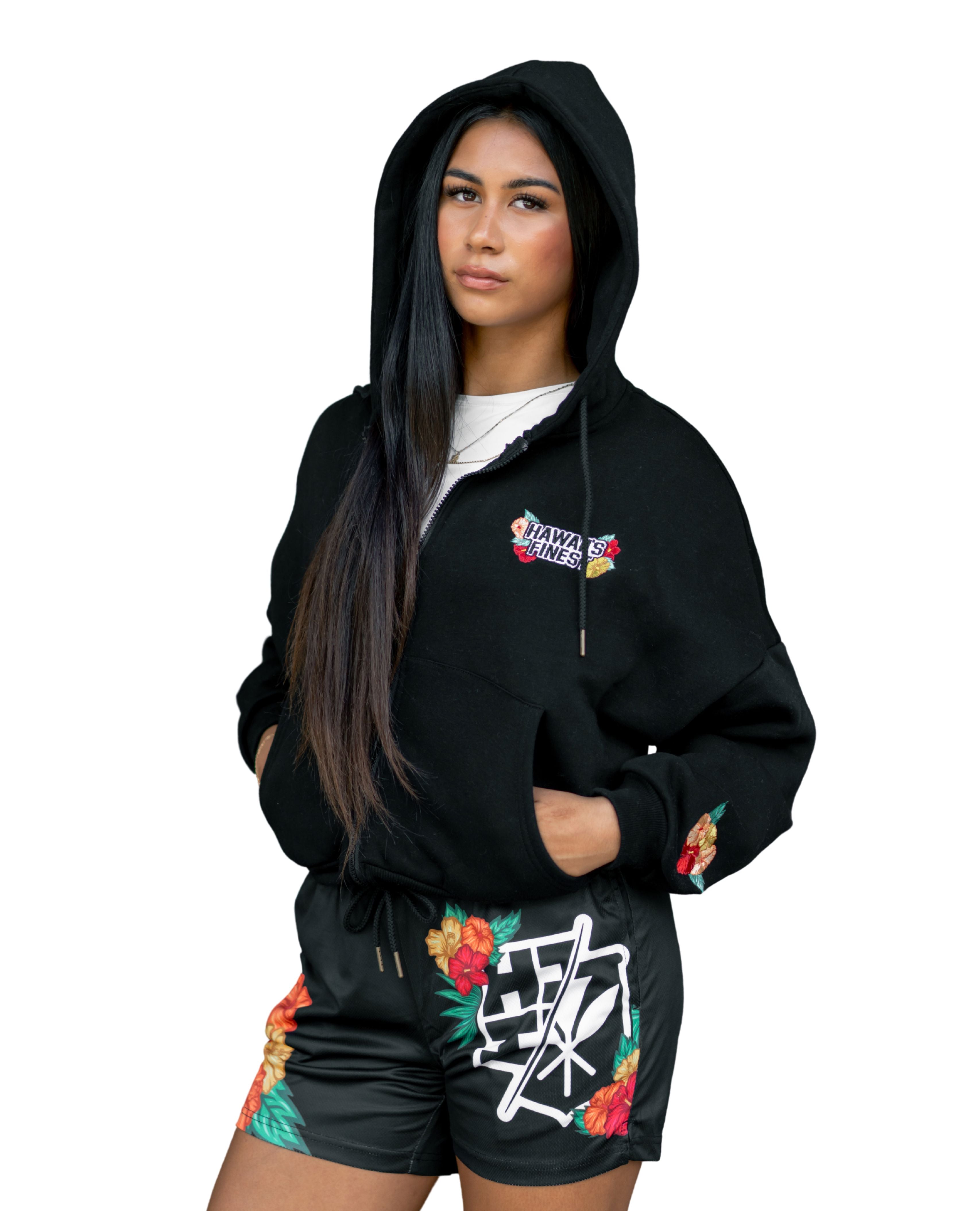 WOMEN'S BLACK FLORAL SLOUCH HOODIE Jacket Hawaii's Finest X-SMALL 